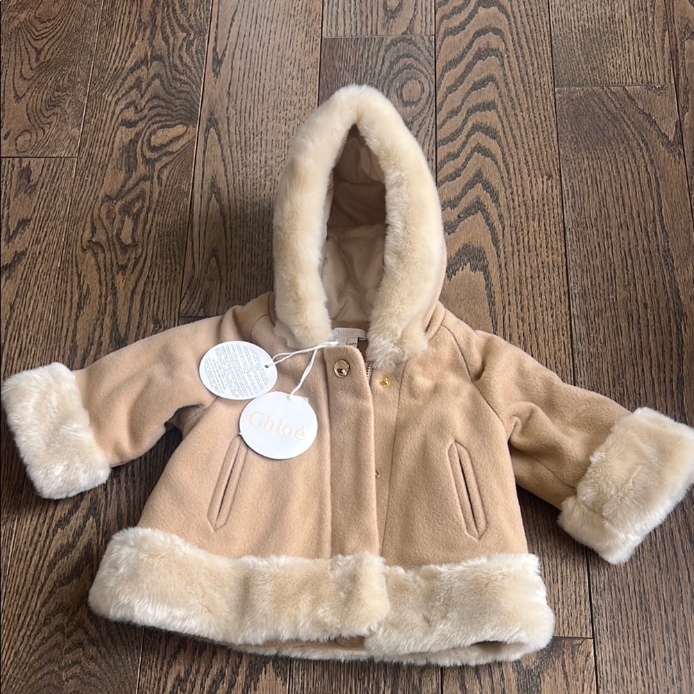 Chloé Tan Coat with Faux Fur Trim 9 months baby Authentic nwt